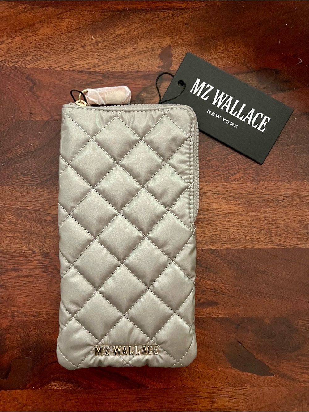 MZ Wallace Quilted Silver Zip Pouch with Wrist Loop